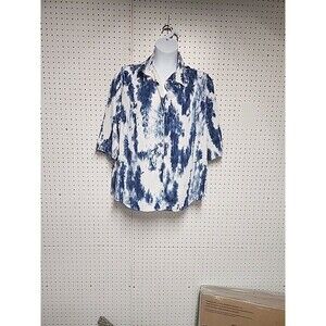 Alia Blue White Micro Pleated Tie Dye Button Front Blouse SZ 24W